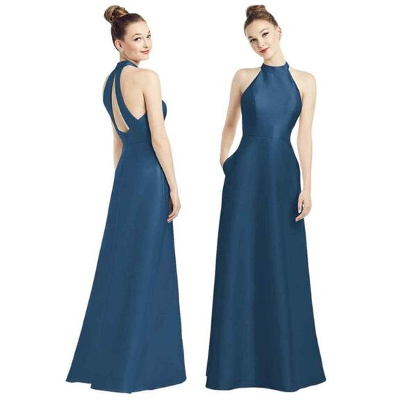 🔴
D772 by Alfred Sung HIGH-NECK SATIN DRESS WITH POCKETS Blue - Picture 1 of 8